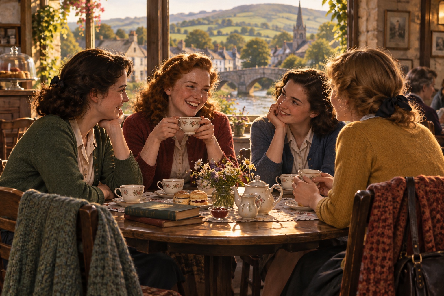 Four friends sharing tea in a cozy Irish village cafe.