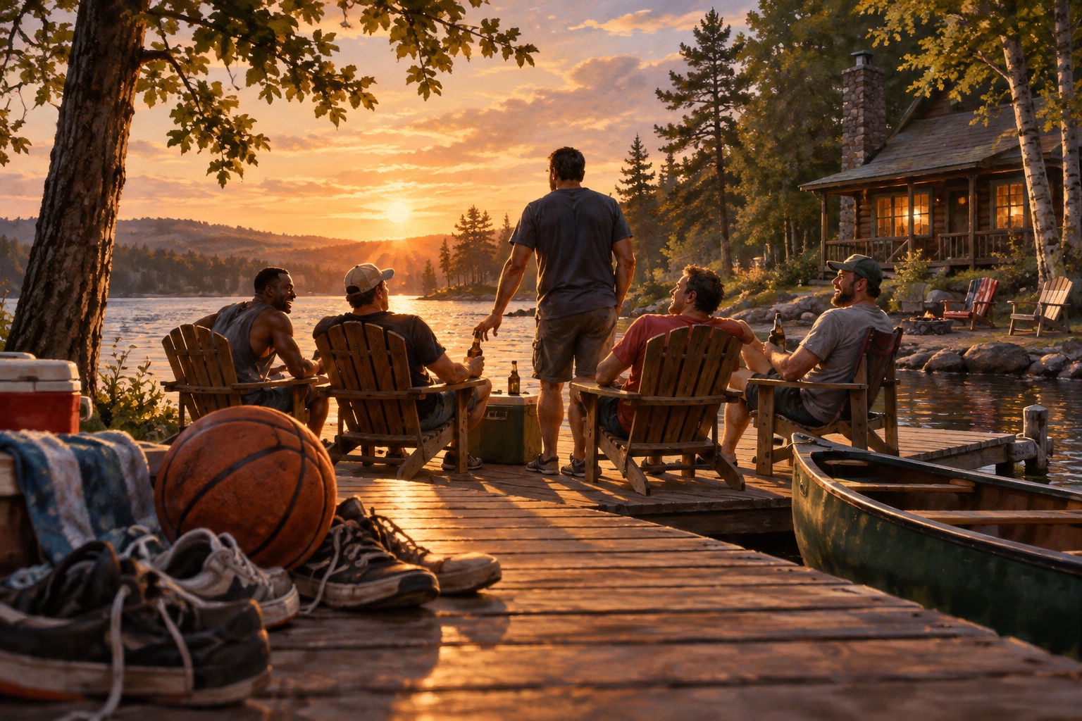 Friends gathered on a lakeside dock beside a cabin at sunset.