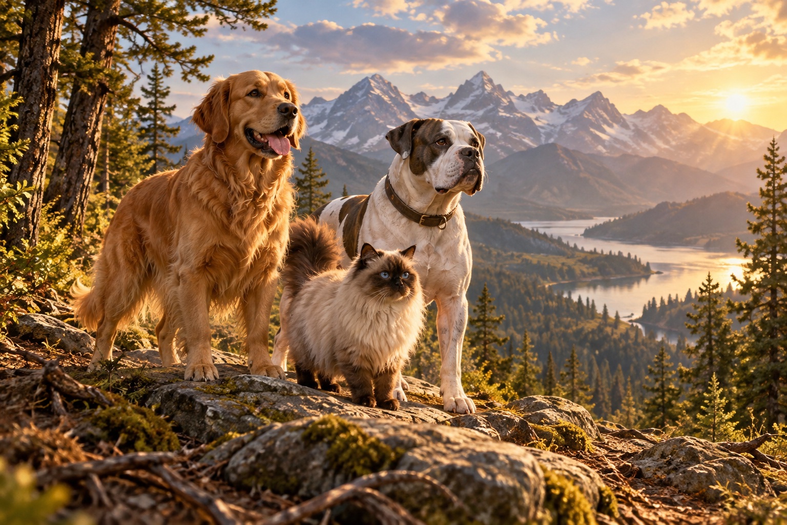 Two dogs and a cat together on a mountain forest trail.