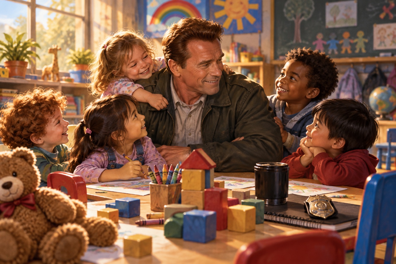 A teacher surrounded by smiling young children in a colorful classroom.