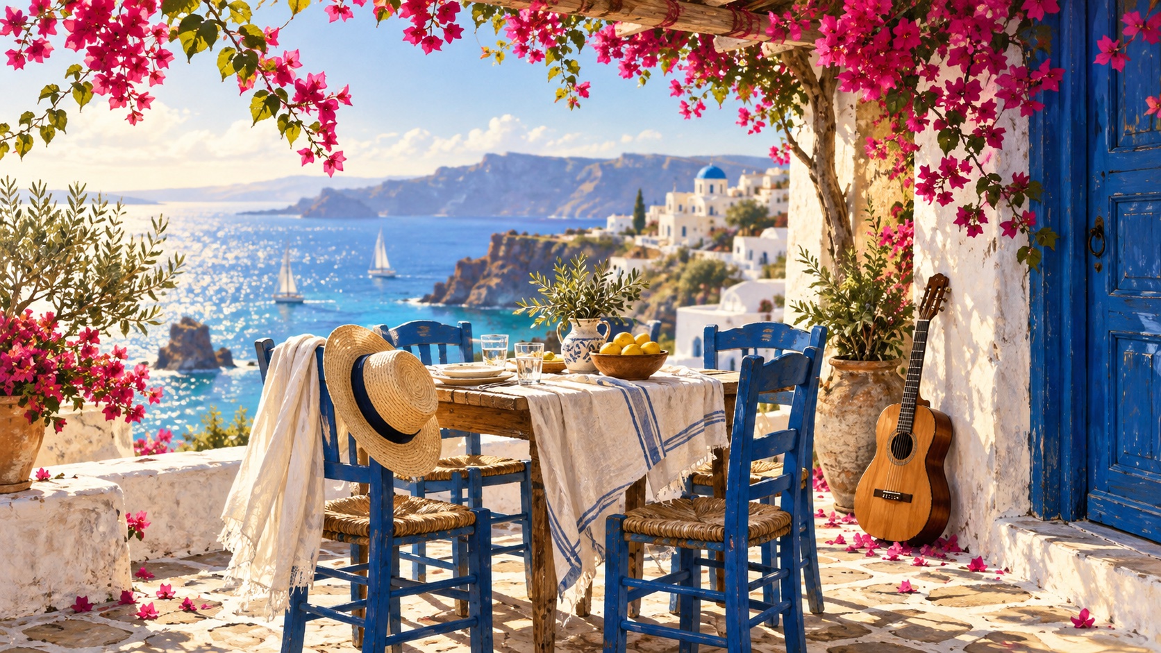 A Greek island terrace with blue chairs, flowers, a guitar, and turquoise sea views.