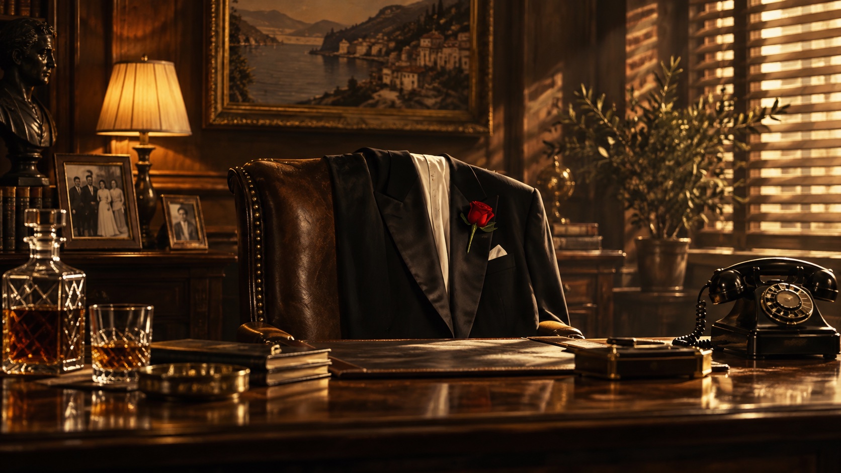 A black tuxedo with a red rose in a warmly lit vintage study.