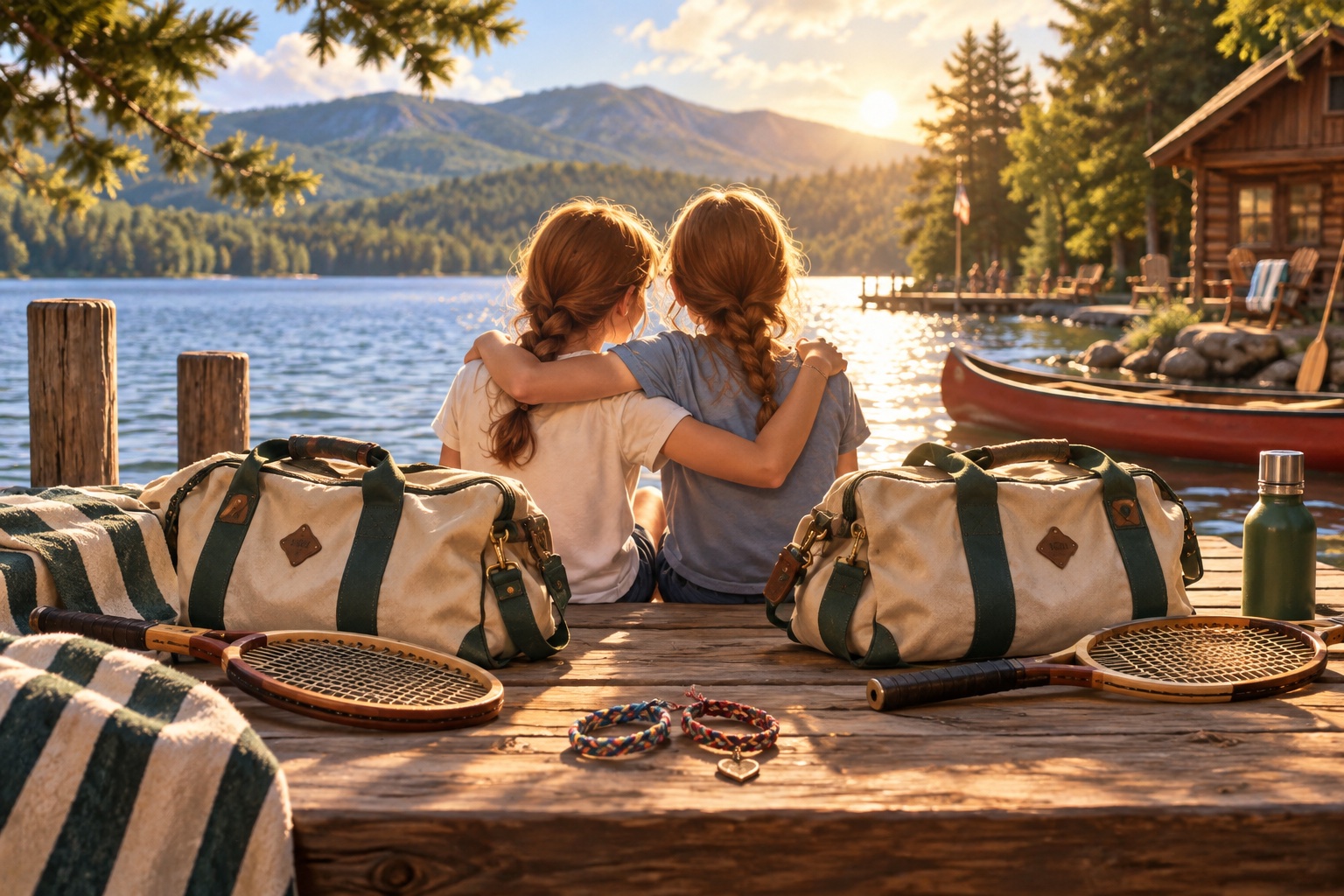 Two girls with matching duffel bags beside a summer camp lake.