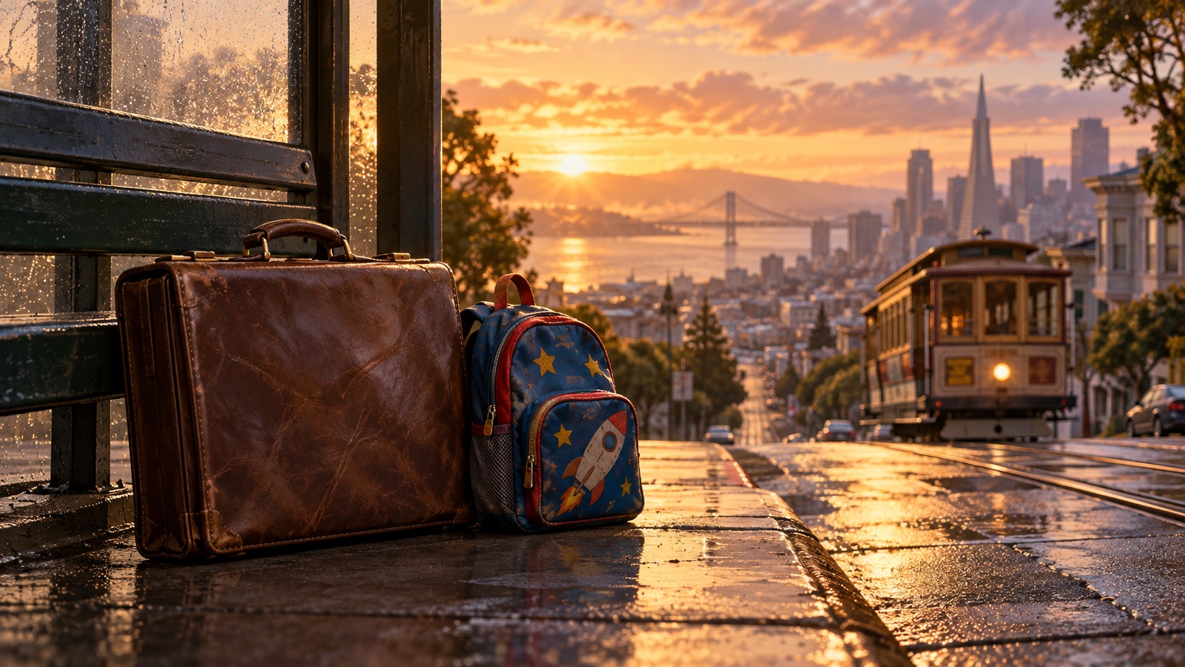 A worn briefcase and child’s backpack beside a San Francisco cable car route at dawn.