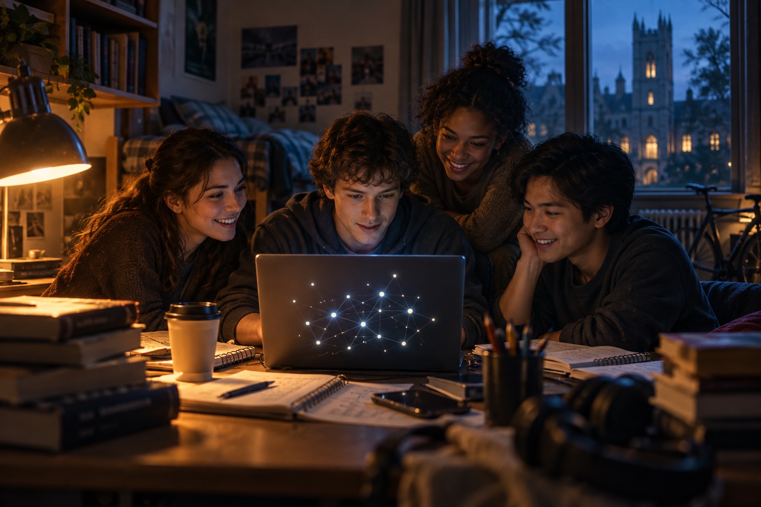 Friends gathered around a laptop in a university dorm room at dusk.