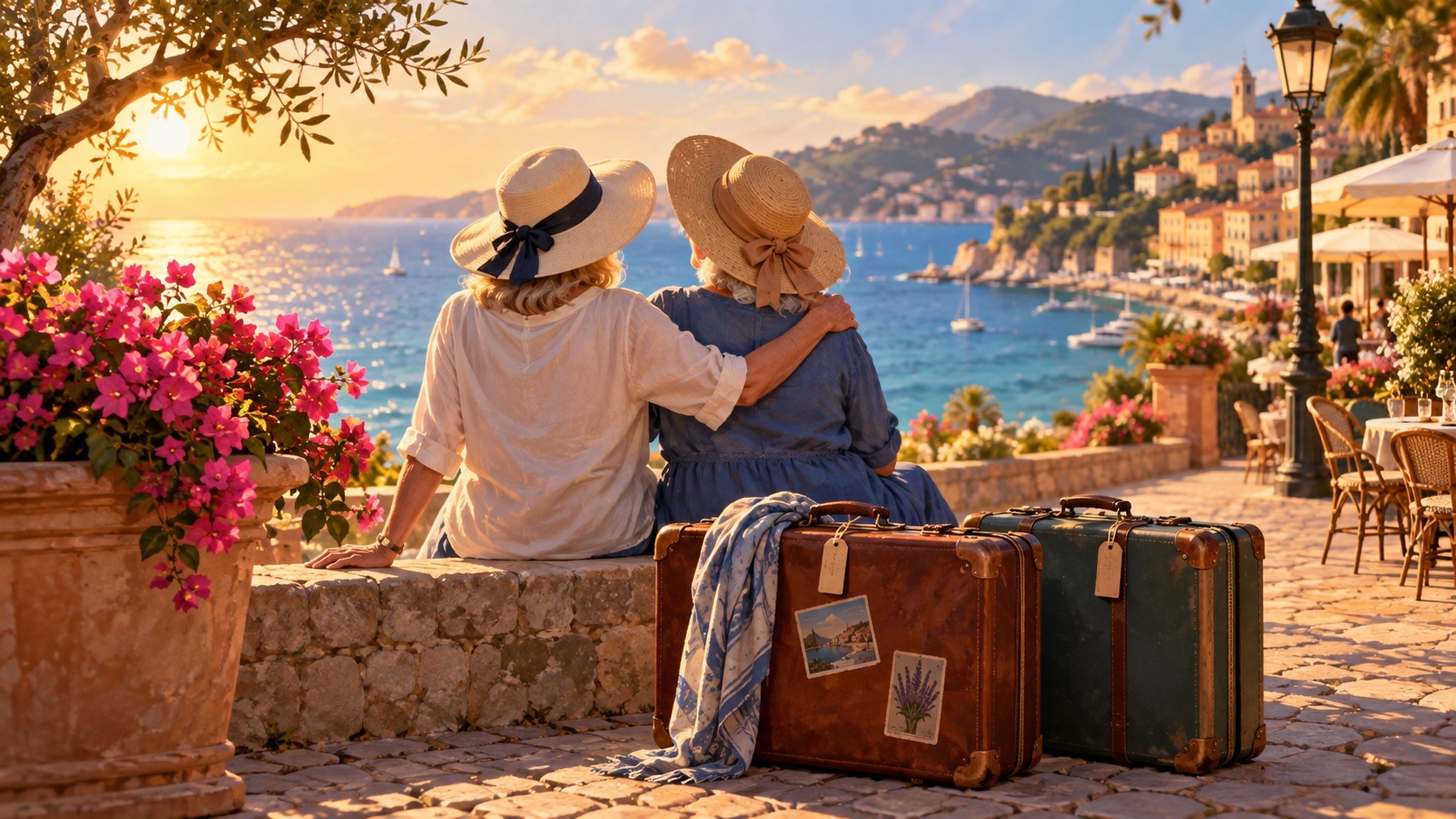 Two older friends and travel suitcases overlooking the French Riviera.