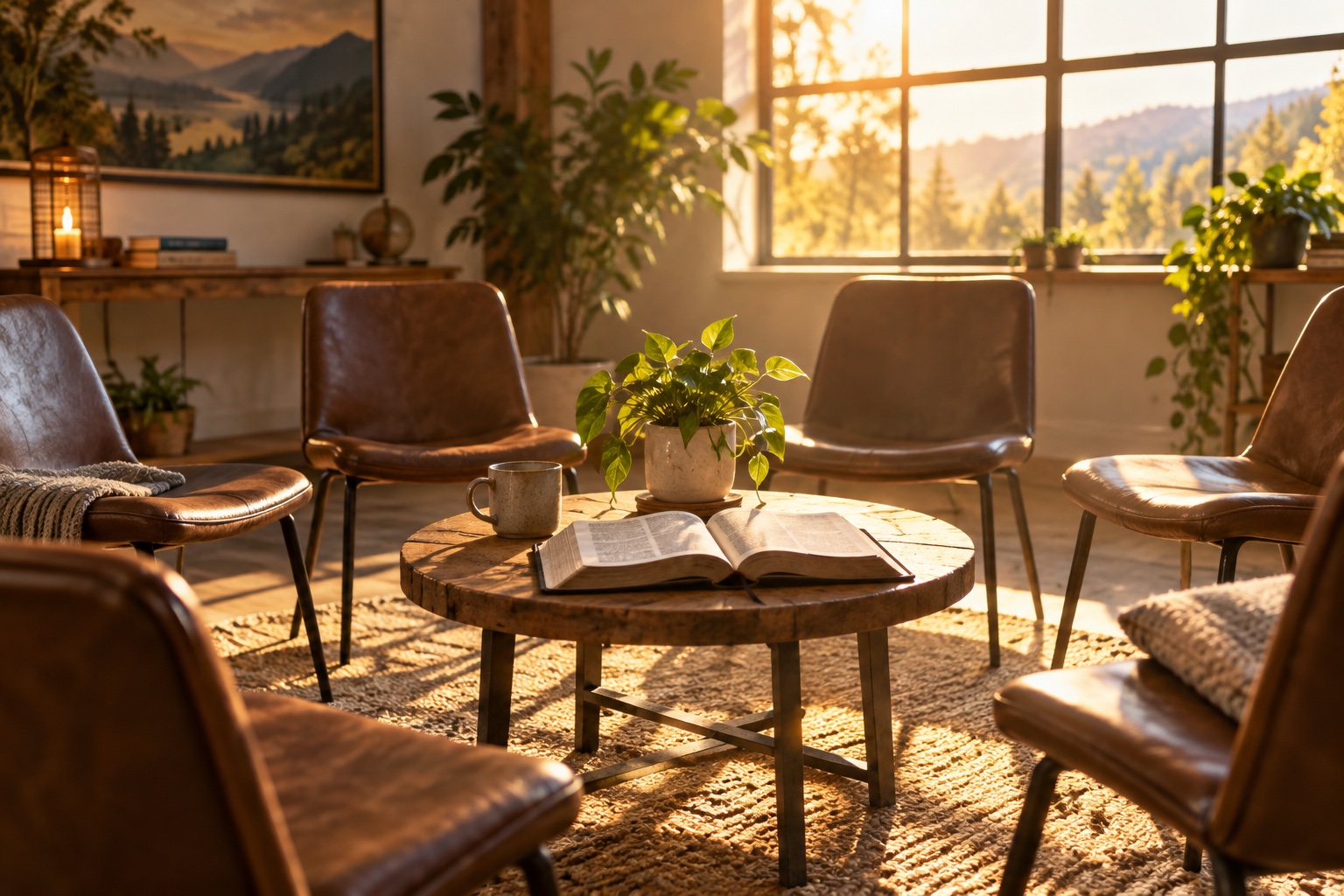 A sunlit community room with welcoming chairs, an open Bible, and a green plant.